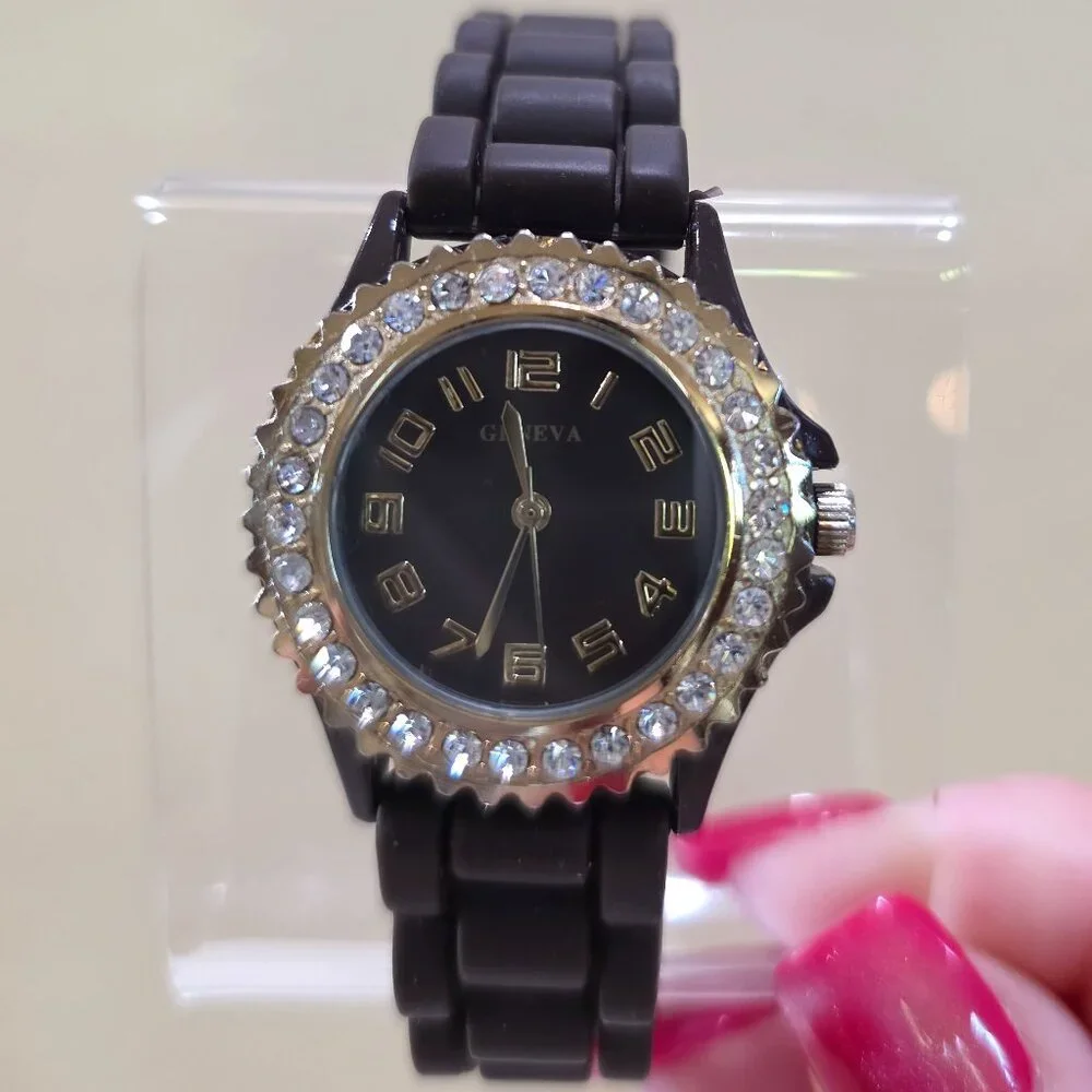 Geneva Women's Gold Brown Crystal Accent Wrist Watch Brown Silicone Band Works